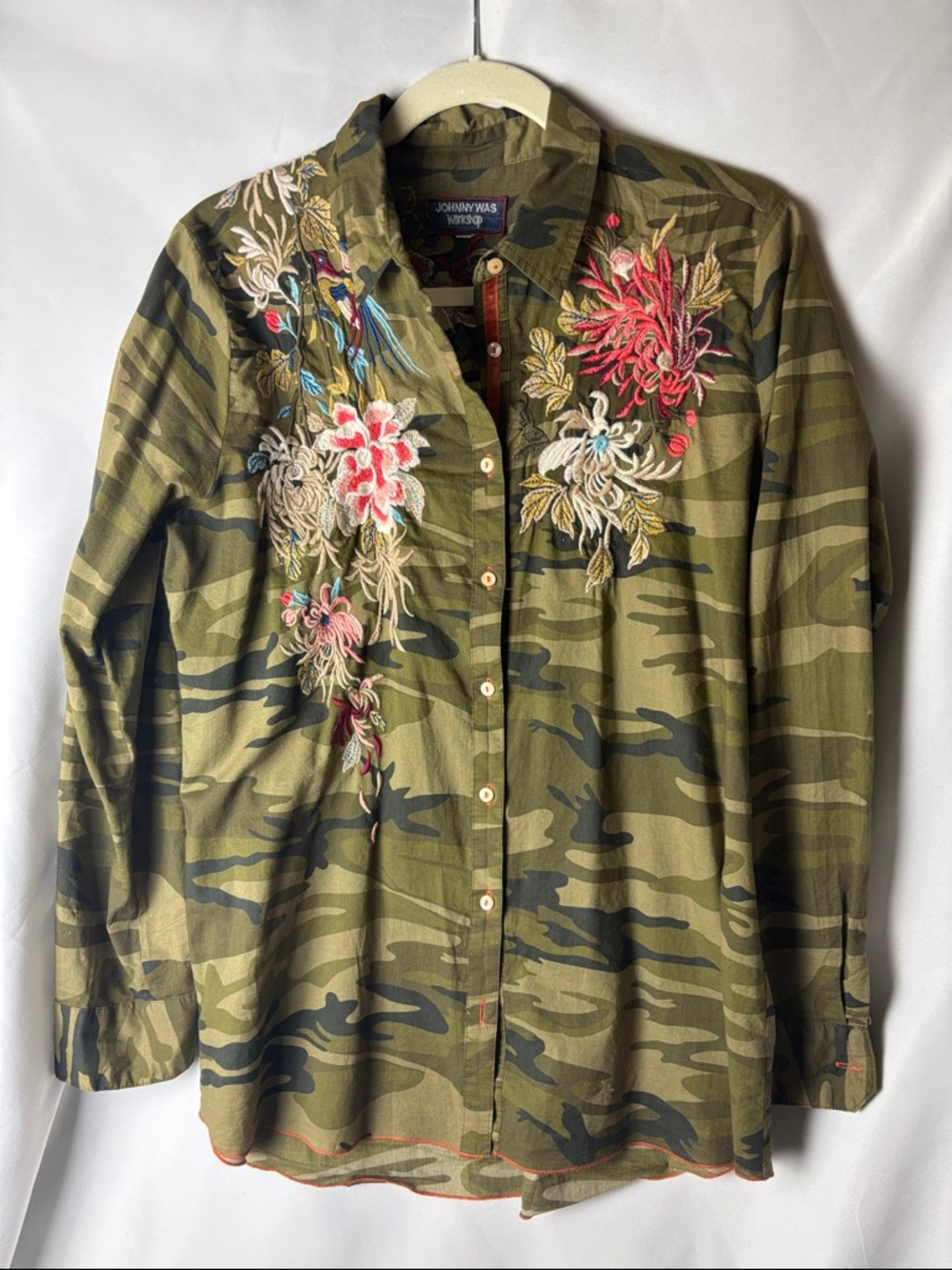 Johnny Was Olive Green Camo Shirt with Multicolor Floral Embroidery